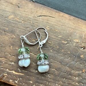 Elegant Sterling Silver, white Pearl and Green glass Dangle Earrings